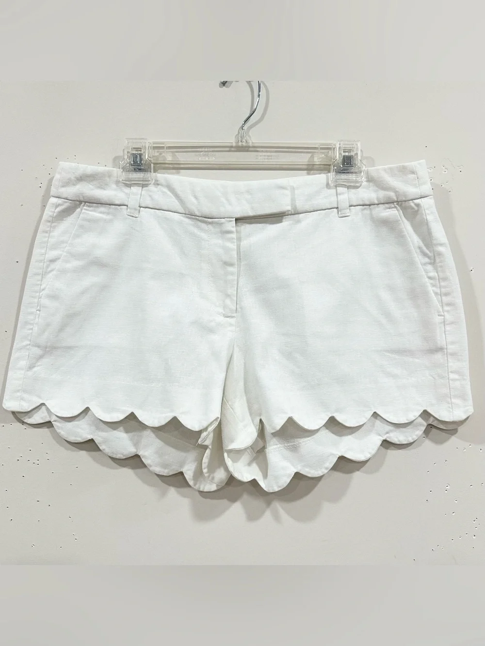 J Crew Women’s Linen Cotton Shorts Scalloped Hem White Pockets Sz 12 Resort